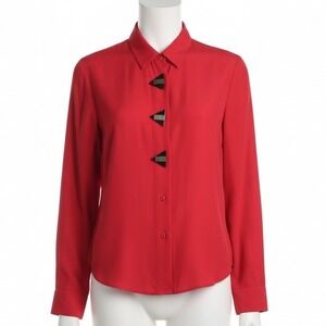Vintage Anxiety Red Blouse Black‎ Gold Trim Triangle Buttons 80s 90s Retro Party